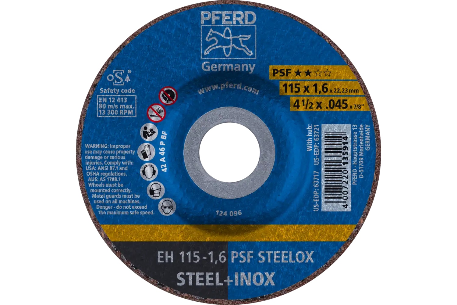Picture of Pferd Cut-Off Wheel, 4-1/2" X .045 X 7/8, Psf Steelox, T27, Aluminum Oxide